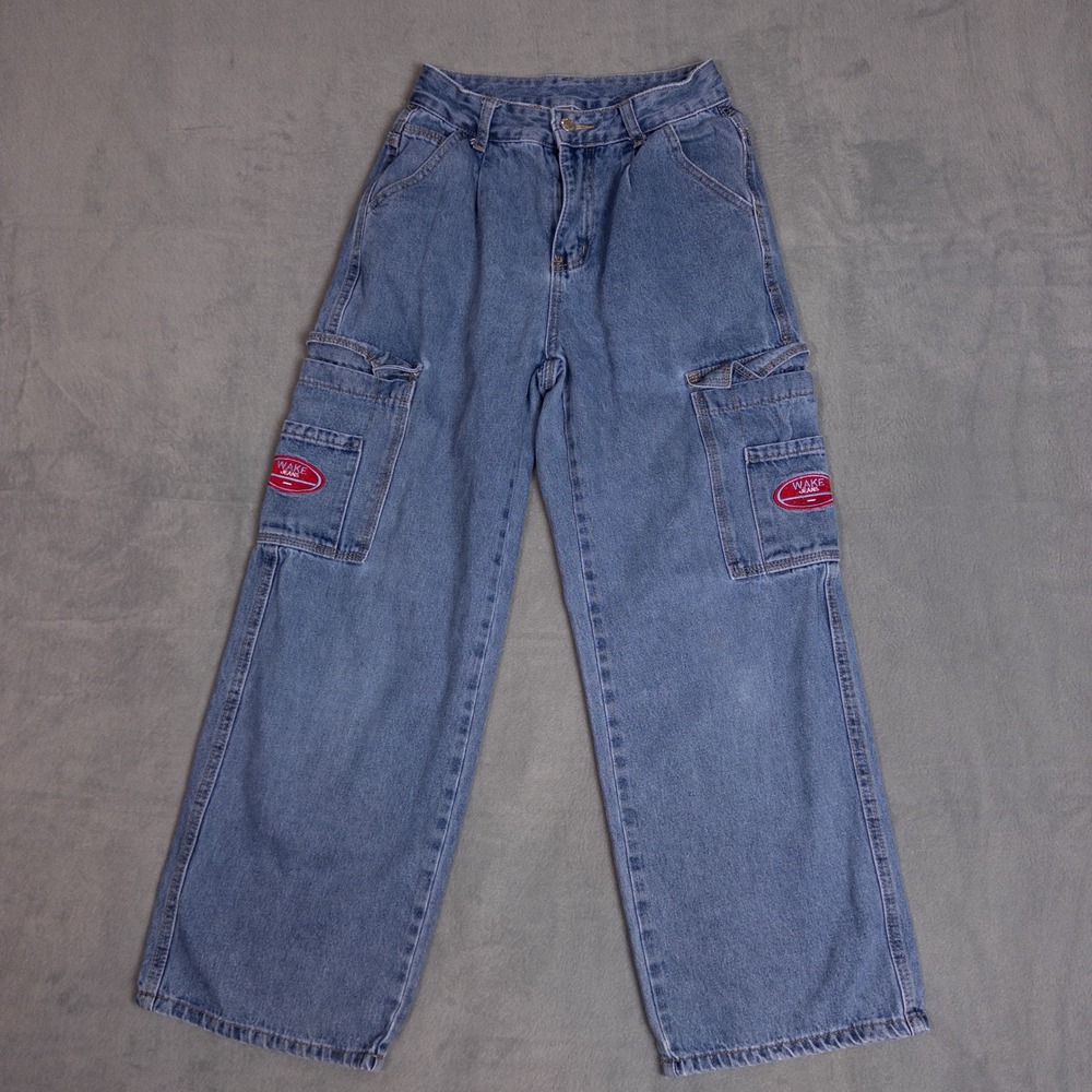 Cargo Jeans Womens XXS Petite Blue Excellent Wide Leg Wake Patch Utility